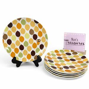 Rachael Ray LITTLE HOOT Autumn Leaves Owl Bands Porcelain Salad Plates Set of 6